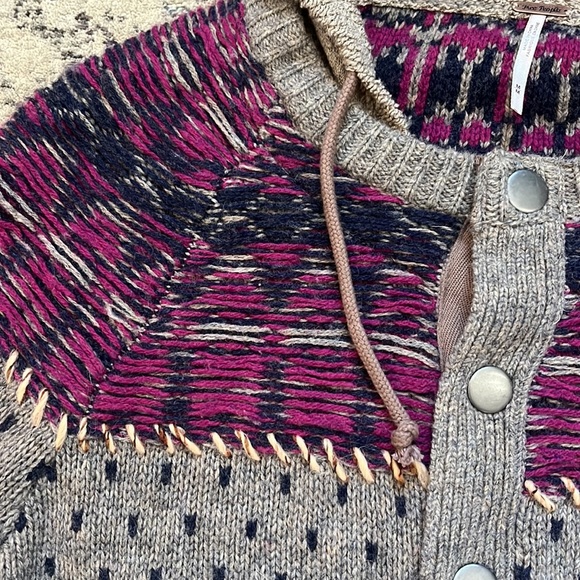 FREE PEOPLE M Wool Nylon Blend Tan Hooded Sweater Jacket Blue Cardigan - Picture 6 of 14